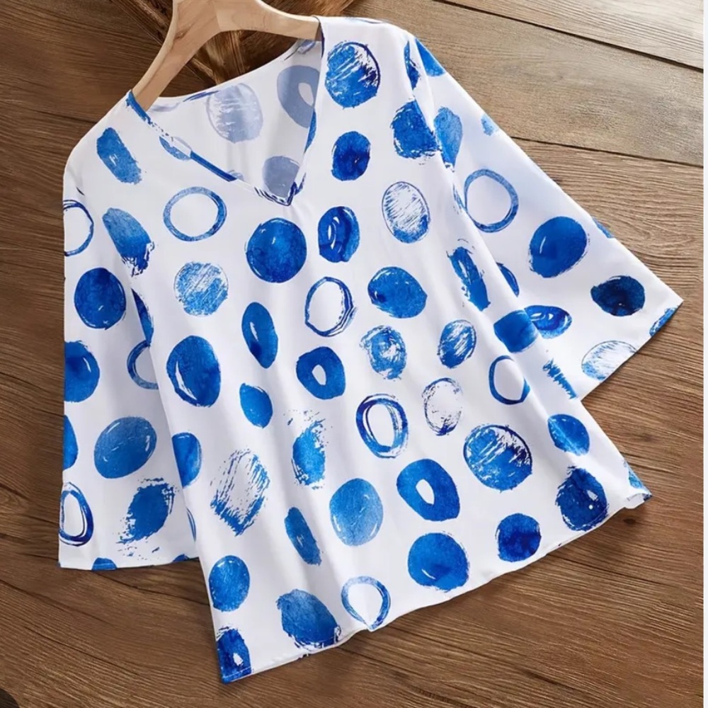 Blue Polka Dot V-Neck Blouse - Women
